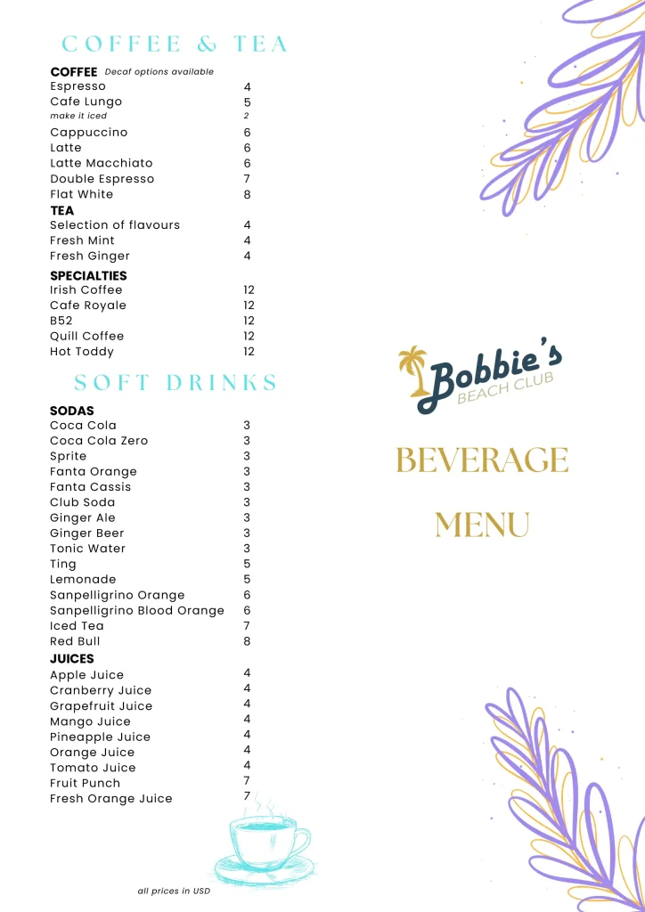 Bobbie's - Beverage, Drink Menu 2024 Page 1