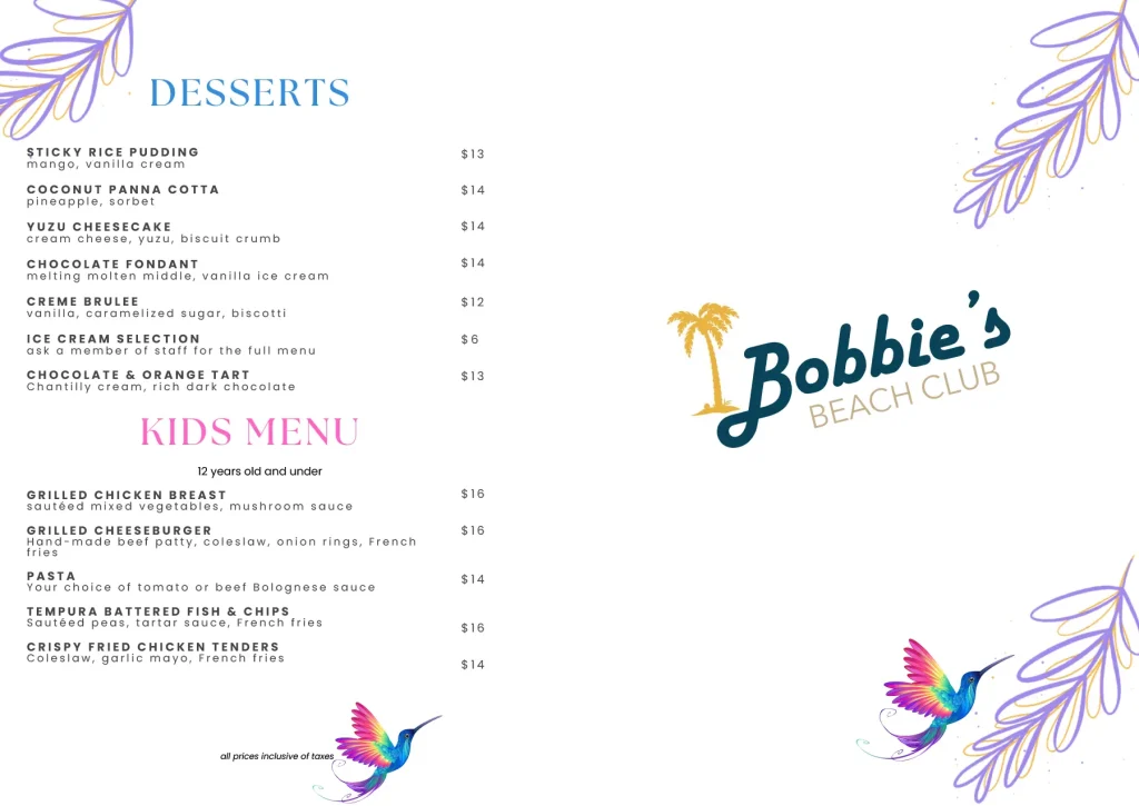 Bobbie's Dinner Menu 2024 Front page