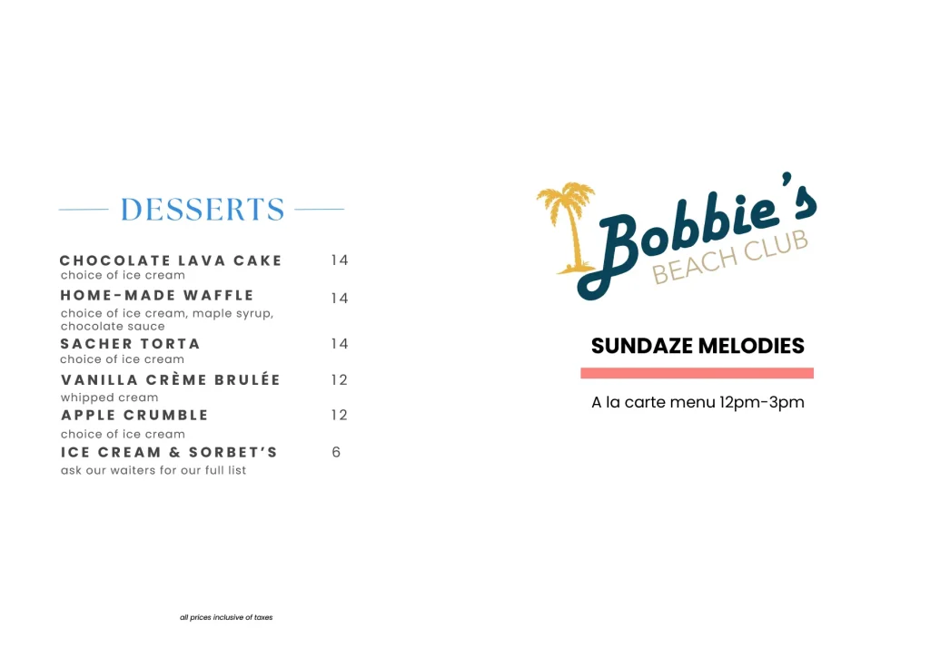 Bobbie's - Sunday Lunch Menu 2024, Sundaze Melody