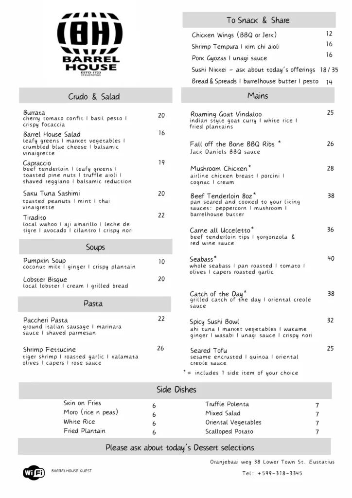Barrel House Dinner Menu 2026